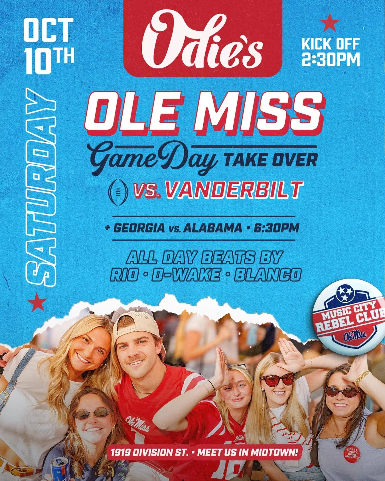 THIS SATURDAY: Head to Odie&rsquo;s for our Game Day takeover with @musiccityrebels as Ole Miss takes on Vanderbilt! We have all the big games on the big screens + drink specials all day. OPEN AT 10AM!