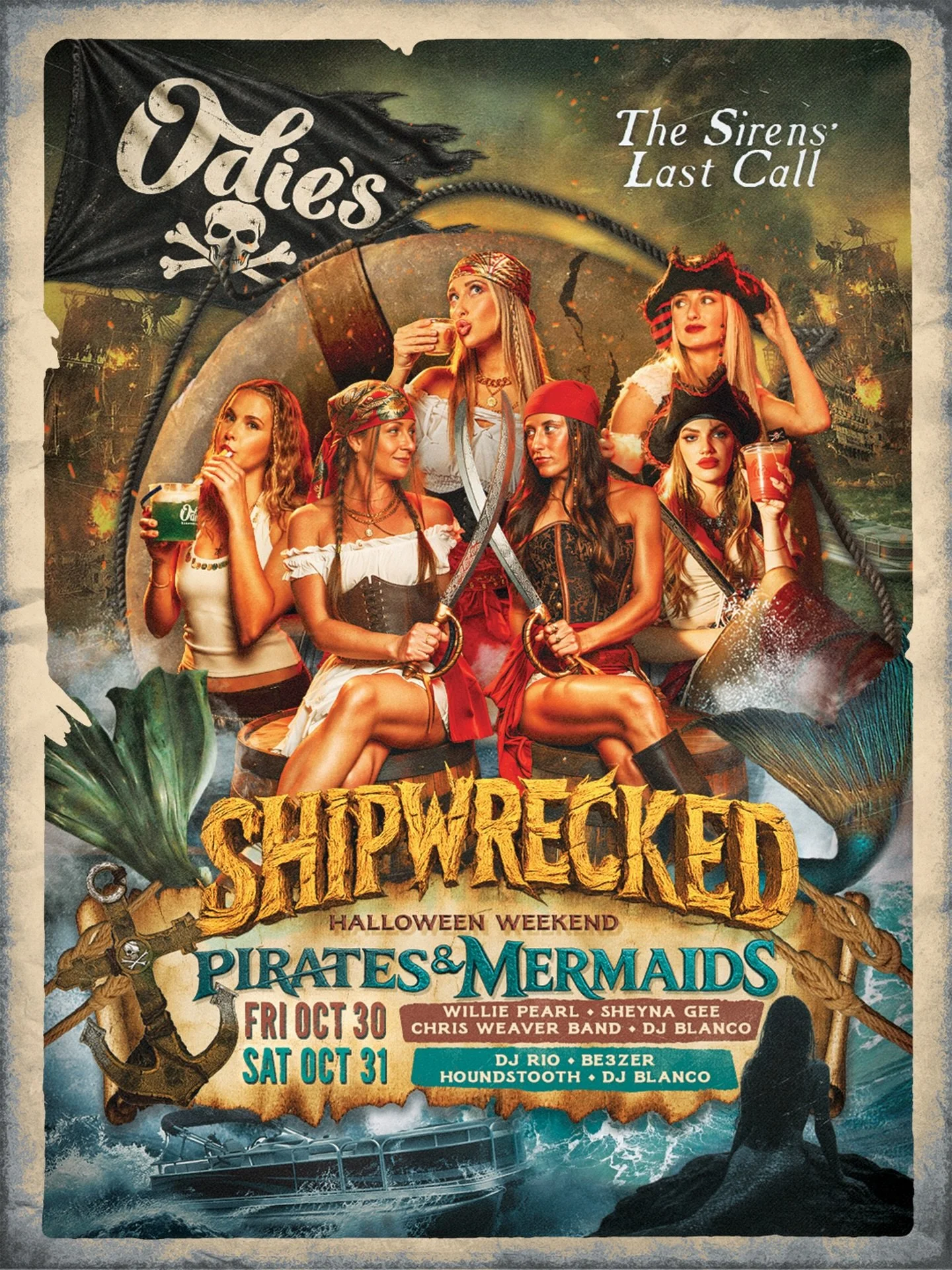 Get 🏴&zwj;☠️SHIPWRECKED🏴&zwj;☠️ for Halloween! Take a journey through the haunted seas of Midtown to Odie&rsquo;s: home of siren songs, mermaids and pirate&rsquo;s booty! We&rsquo;ll be serving up themed drink specials all weekend long. This party 