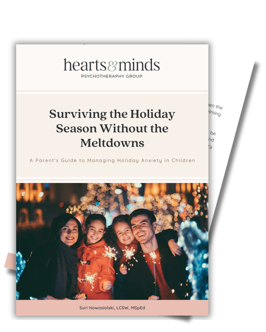 Mockup of "Surviving the Holiday Season Without the Meltdowns" parent guide showing family celebrating with sparklers, a resource for managing holiday stress children through evidence-based strategies and connection