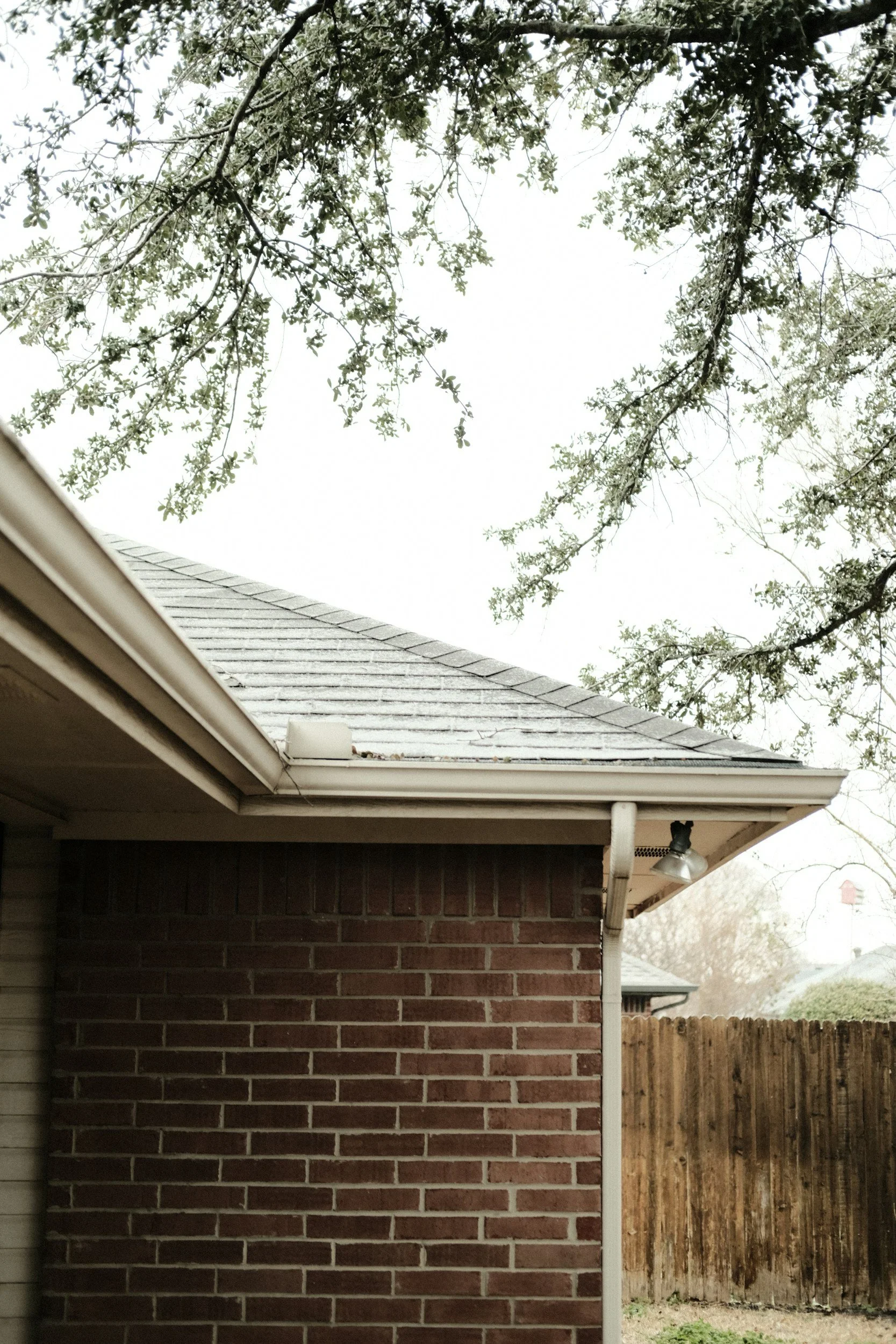 View of a brick house wall and roof with white trim, a gutter system, a wooden fence, and tree branches overhead with a cloudy sky in the background.