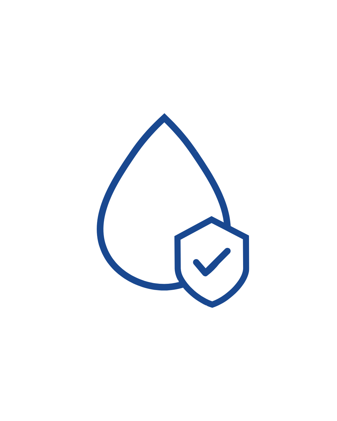 Outline of a water droplet with a shield and checkmark in front, symbolizing water resistance.