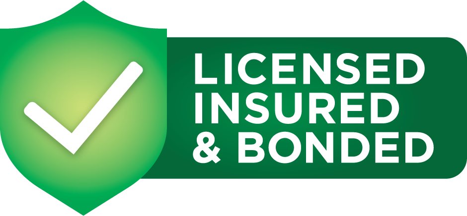 Green badge icon with white checkmark inside alongside a green banner with white letters reading "Licensed Insured & Bonded"