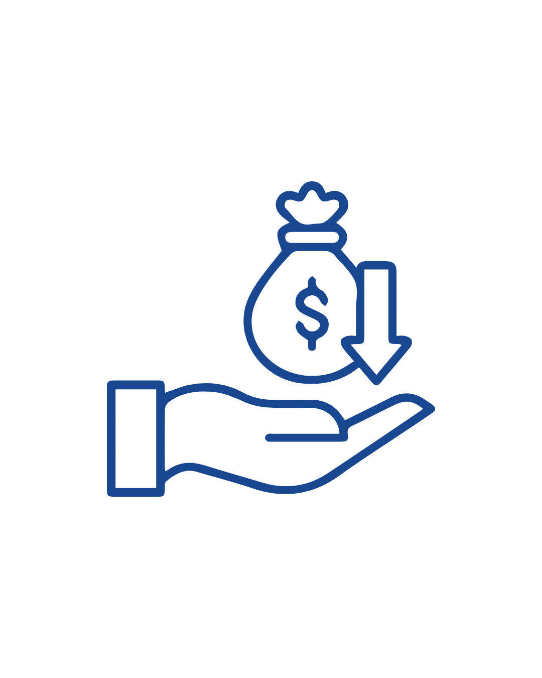 Hand holding a dollar bag with a downward arrow indicating low cost.