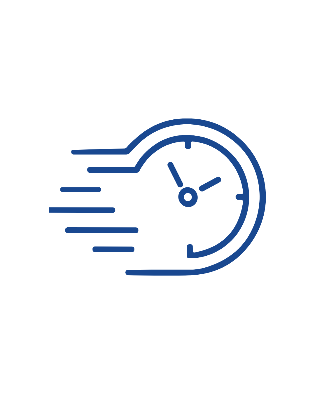 Minimalist blue line drawing of a clock with motion lines indicating speed.