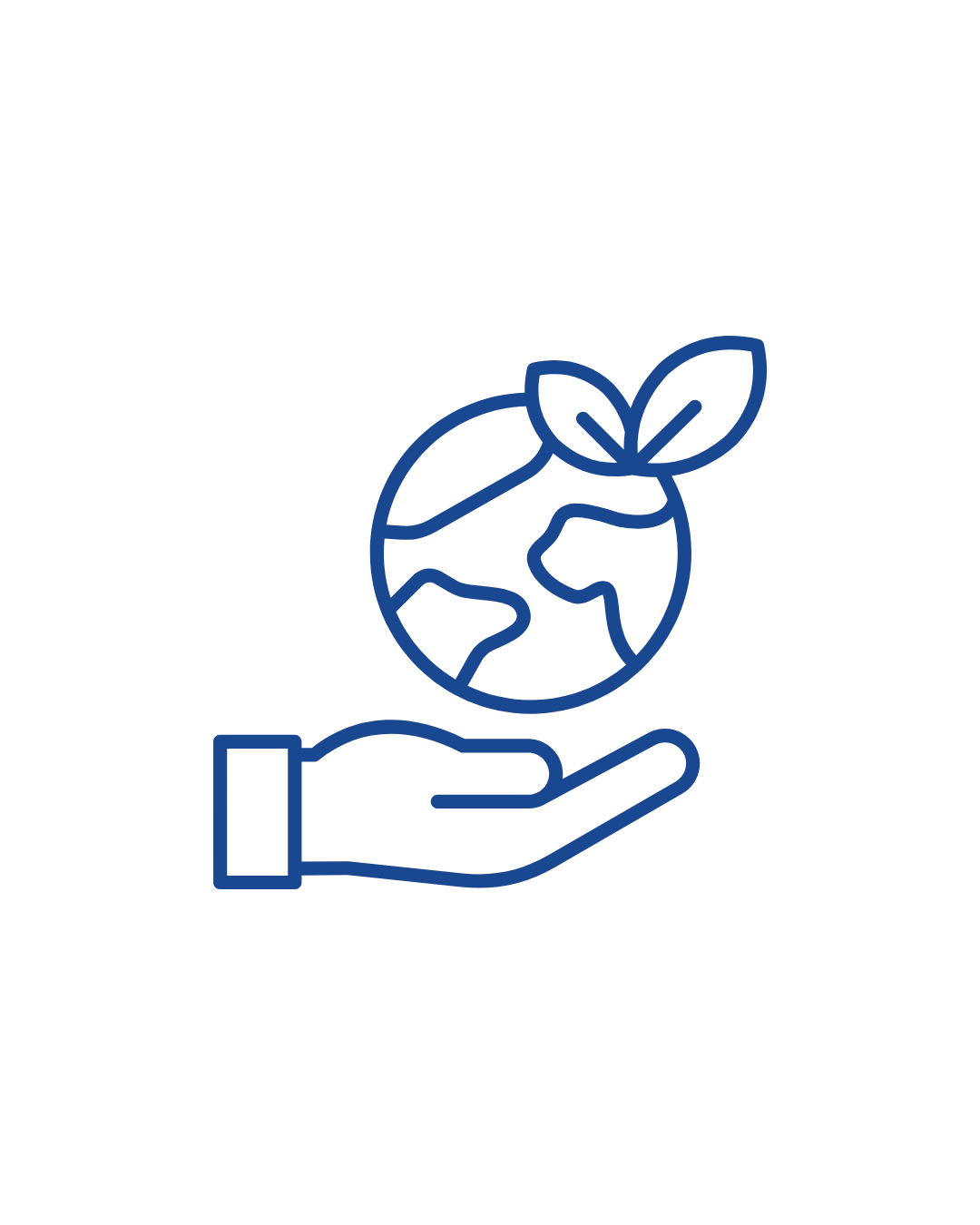 Line drawing of a hand holding Earth with leaves on top, symbolizing environmental care and sustainability.