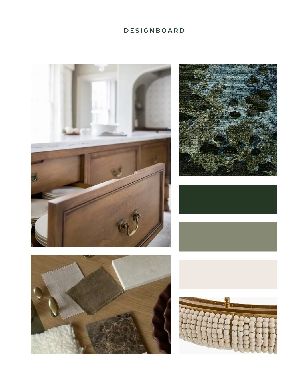 Relaxed + Elegance &mdash; a balance of warmth, texture, and timeless detail.
This board sets the tone for a home that feels both refined and livable, layered with organic materials and earthy greens that ground the space in calm.

Every element is c