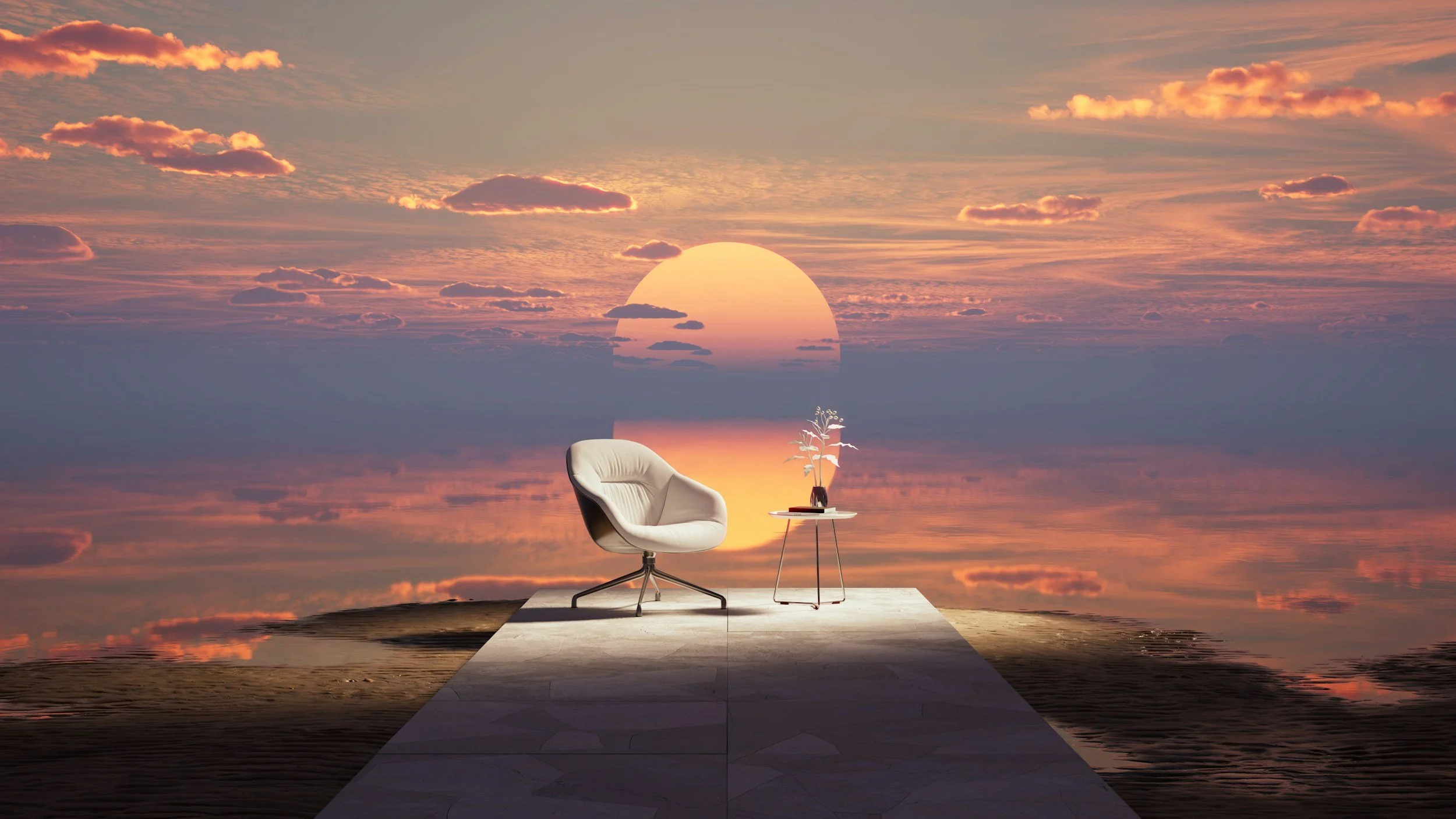 A modern white chair and a small round table with a plant on it, set on a platform over water with a sunset sky and clouds in the background.