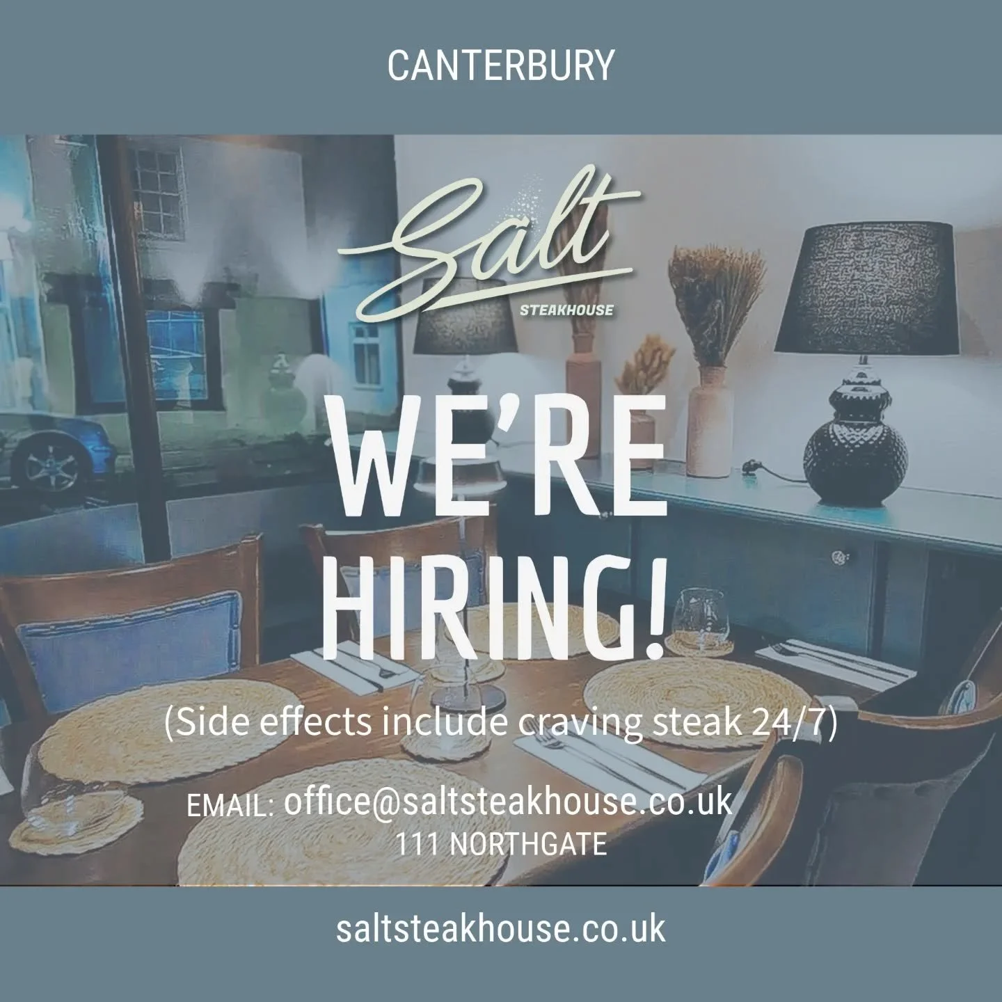 Join the Salt family! 🥂 We're looking for new faces to bring the energy to Salt! (Warning: side effects of the job include making great friends and craving our steak 24/7). 🥩✨ Apply via email or on our website.