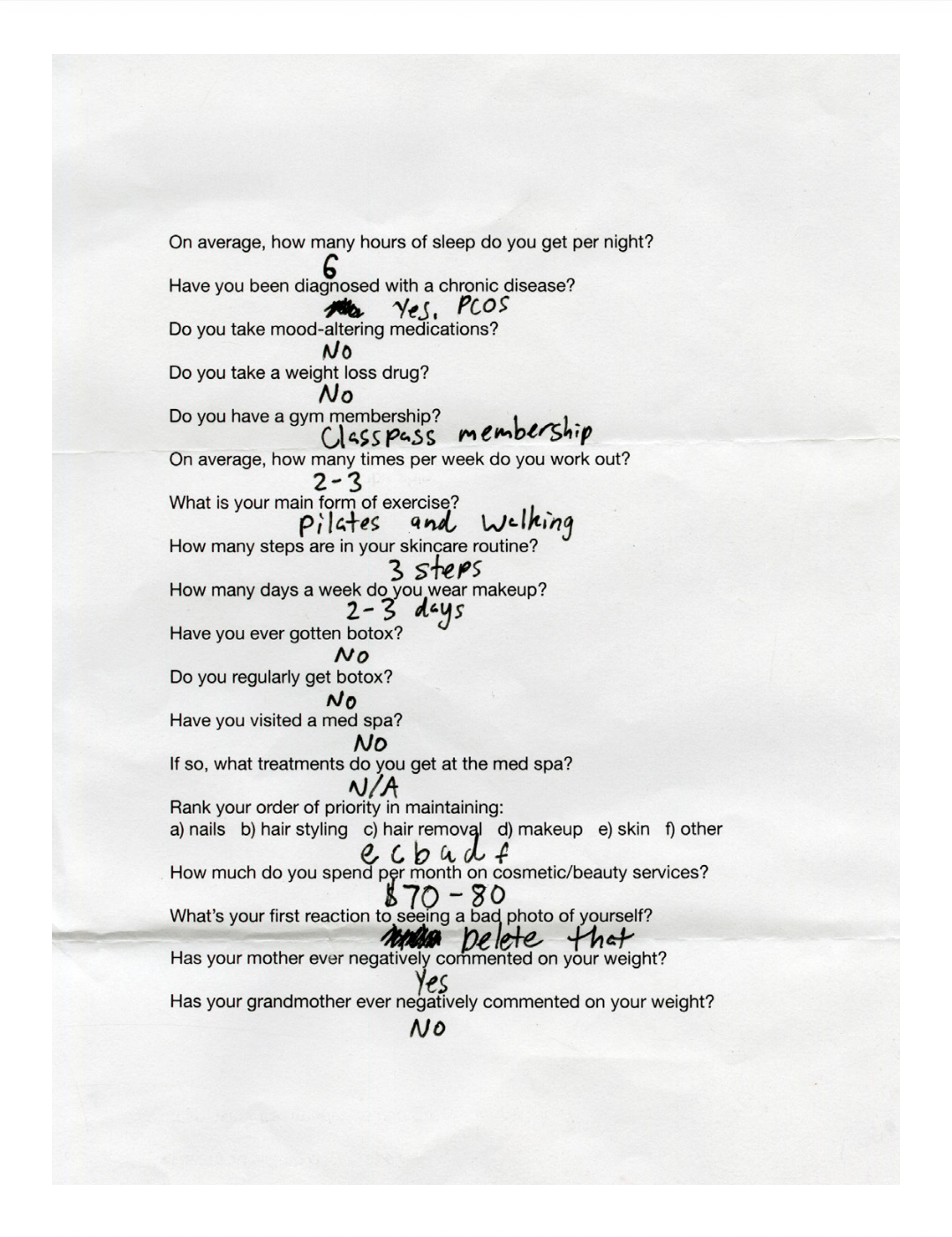 I surveyed women aged 25–55 at the intersection where Chicago’s North and South Sides meet. Questions addressed the five areas: physical well-being, technology use, sense of safety, disposable income, and leisure time.