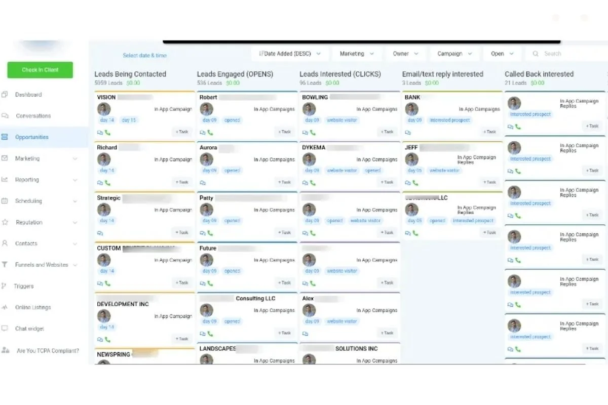MAi Calls lead management system tracking new leads, follow-ups, and client status.