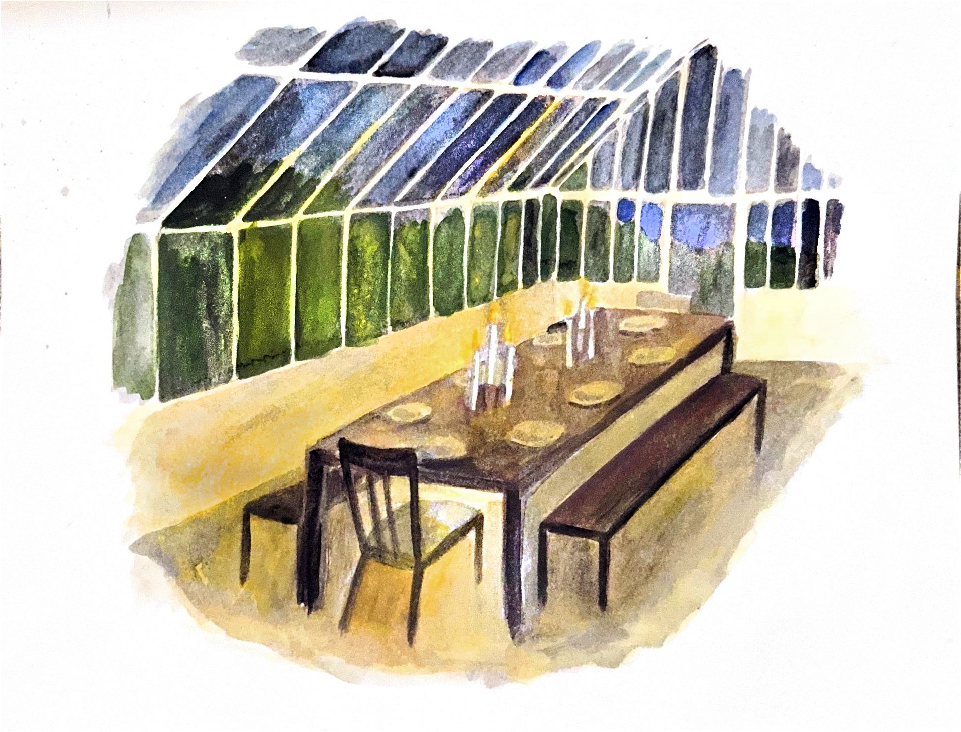 Thompson + Hanson Farms, Greenhouse, 2025, Watercolor on paper