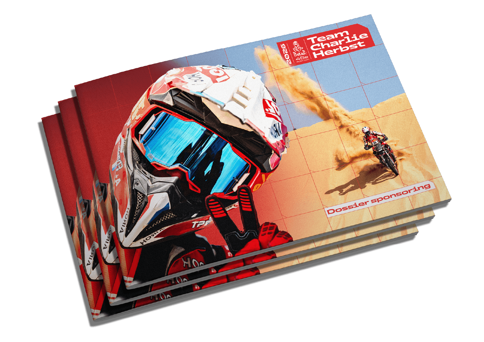 Groupe de brochures ou magazines empilés avec une couverture montrant un casque de motocross, un pilote de motocross en action dans un désert, et le texte 'Dossier sponsoring' en bas.