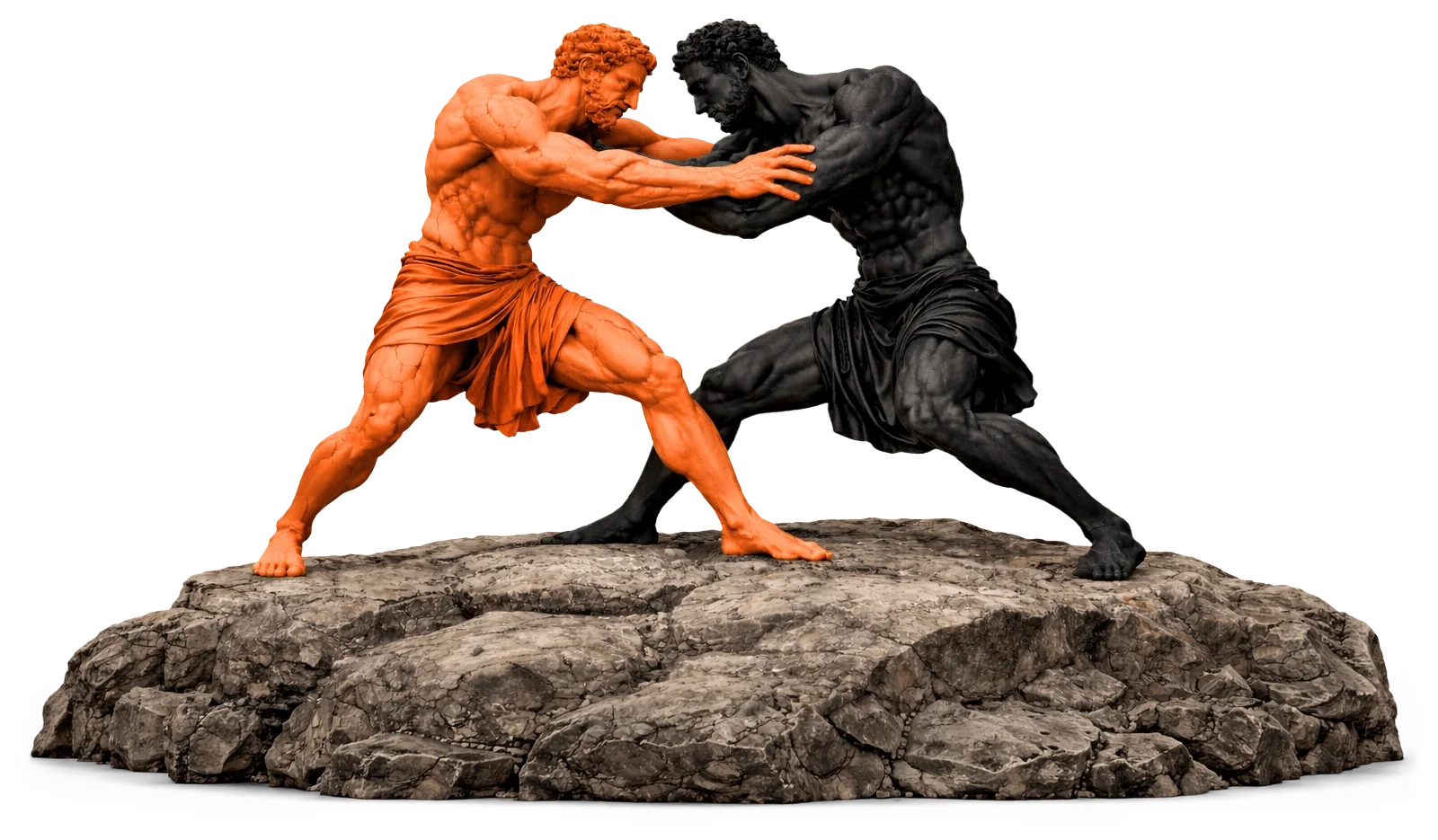 Deux statues s’affrontent sur un rocher pour illustrer les mauvaises réactions d’une entreprise lorsque son autorité diminue.