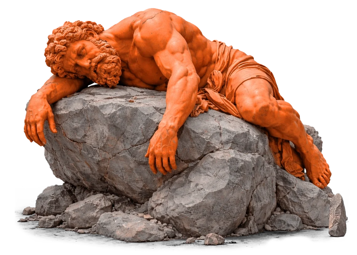 Sculpture en marbre représentant un homme allongé, appuyé sur un rocher, avec un corps musclé et une expression de fatigue ou de tristesse.