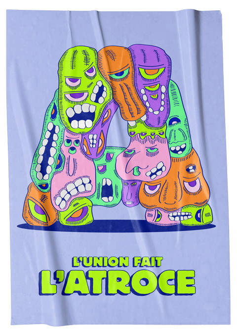 Affiche colorée représentant une pomme de terre stylisée avec plusieurs visages et expressions, accompagnée du texte "L'UNION FAIT L'ATROCE" en vert et bleu.