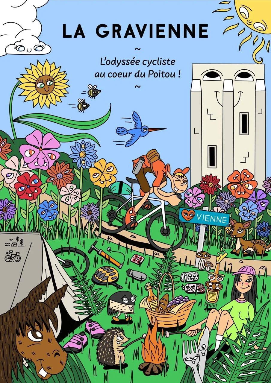Une illustration colorée représentant une scène dans la nature avec une femme faisant du vélo, des fleurs, des animaux, une tente, un feu de camp, un panneau 'Vienne', et une grande tour avec un visage souriant. Titre : 'La Gravienne - L'odyssée cycliste au cœur du Poitou!'