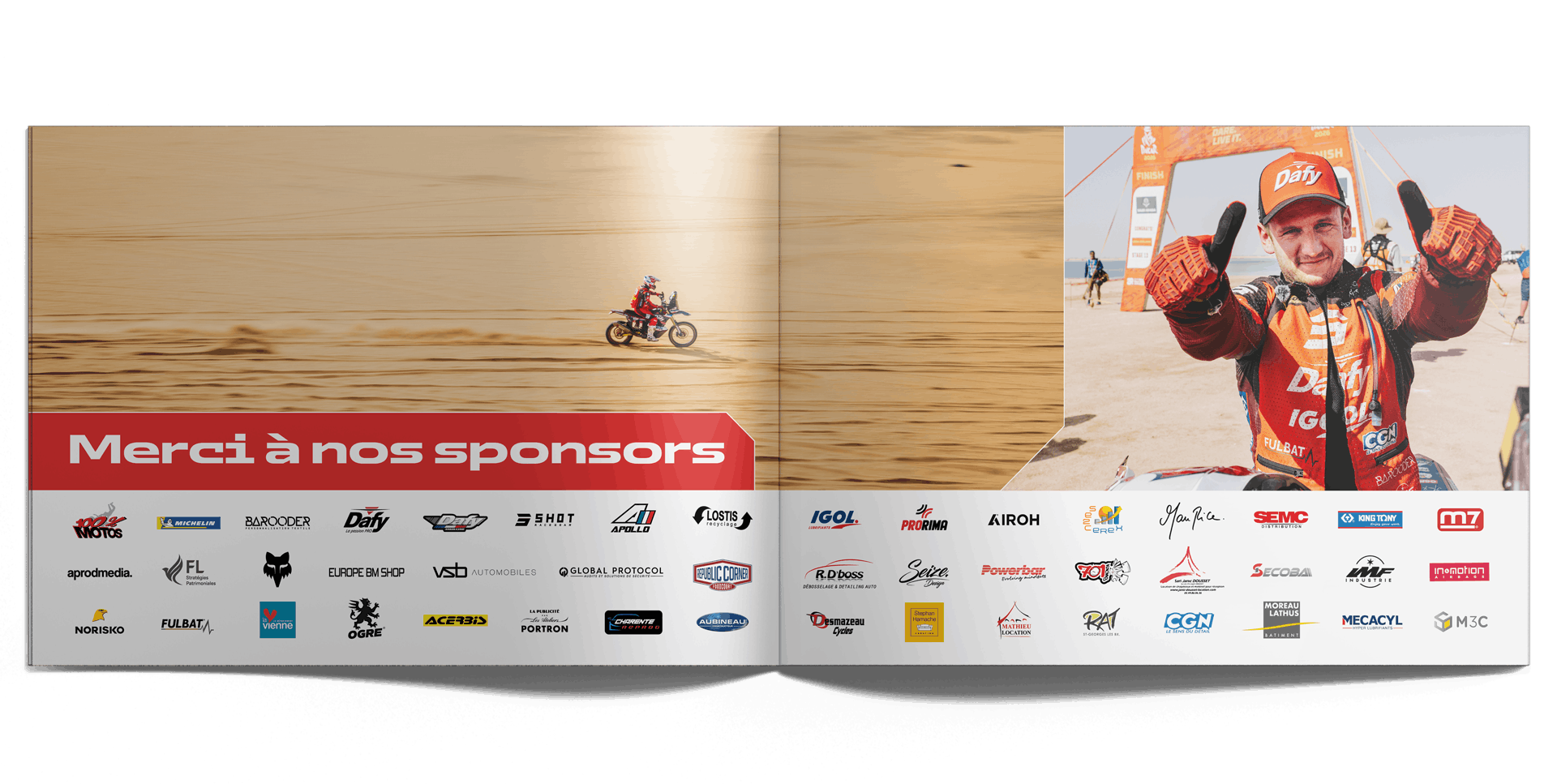 Page de remerciements aux sponsors avec photographies d'une personne en VTT dans le désert et une autre personne souriante portant un casque de motocross, dans un cadre d'événement sportif.