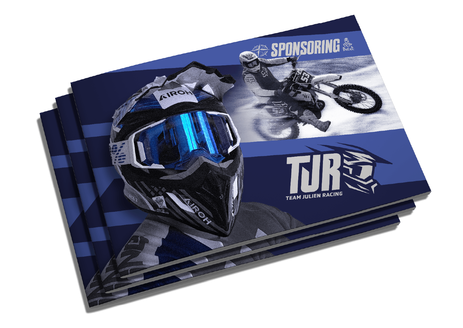 Brochure de sponsoring pour l'équipe Team Julien Racing, montrant un casque de motocross et une image de motocross en action.