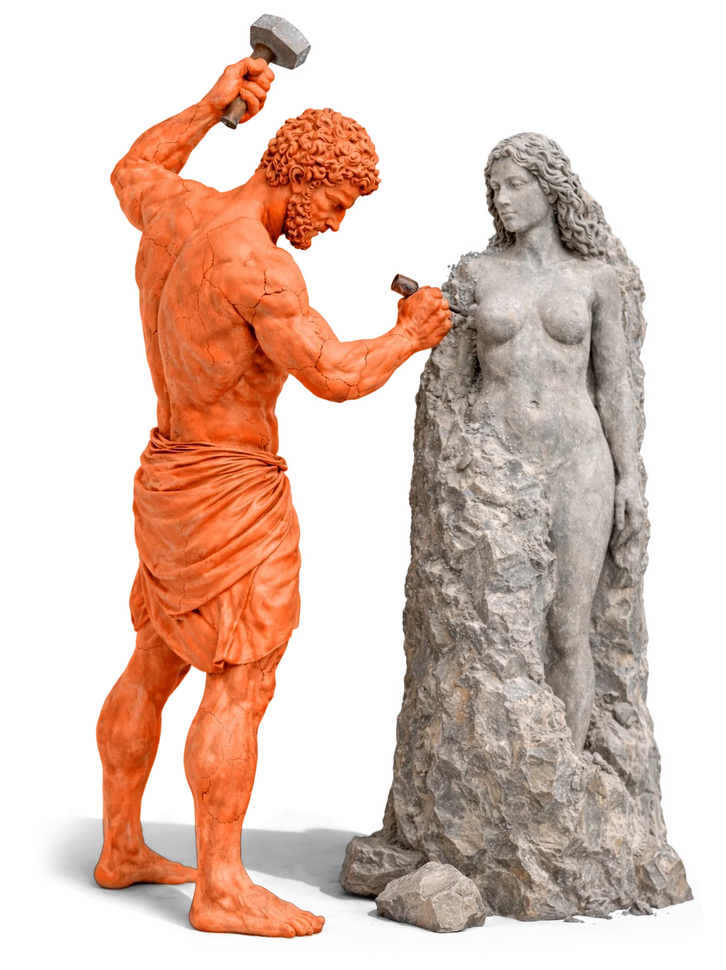 Statue orange sculptant une forme en pierre pour illustrer l’étape de refonte dans la méthode CORP de refonte d’identité visuelle stratégique.