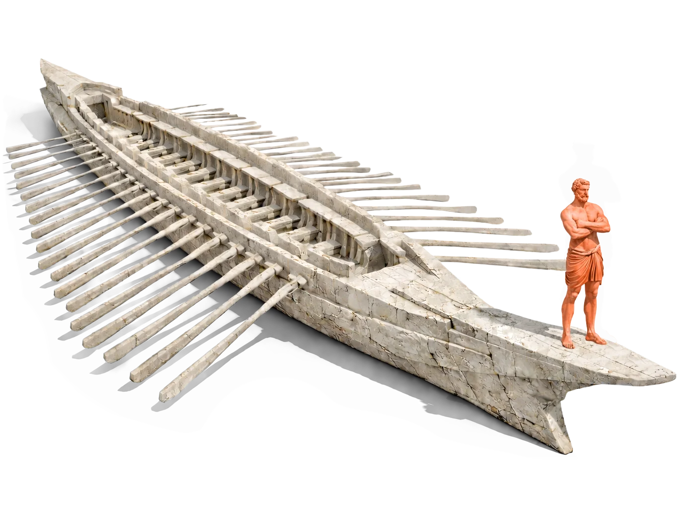 Reconstitution d'un navire grec en marbre, avec une statue d'homme debout à côté, également en marbre, portant une robe courte et croisant les bras.