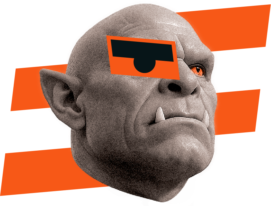 Un personnage de dessin animé ou un cosplay représentant un orc ou un gobelin avec une peau grisâtre, une oreille pointue, une seule dent pointue visible, utilisant des lunettes de soleil orange et noires.