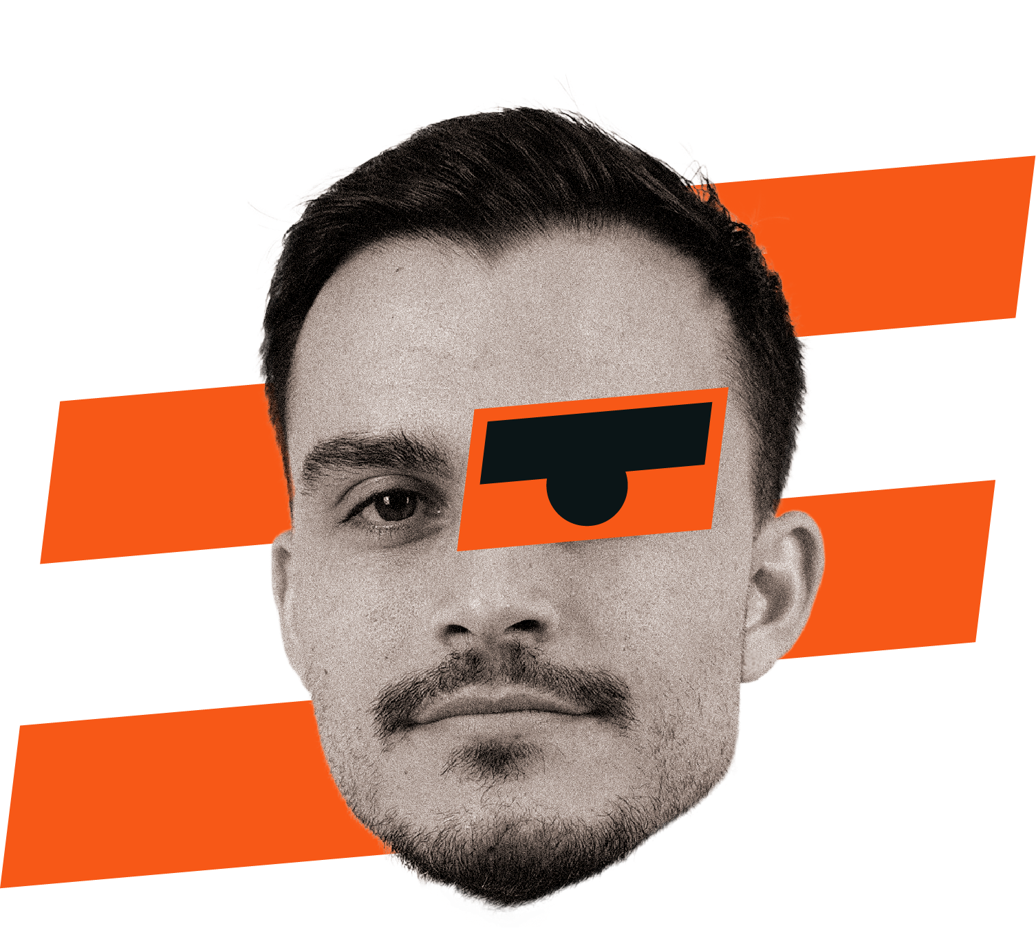 Portrait d'un homme avec une moustache et une barbe, avec des éléments graphiques orange et noirs couvrant partiellement son visage.