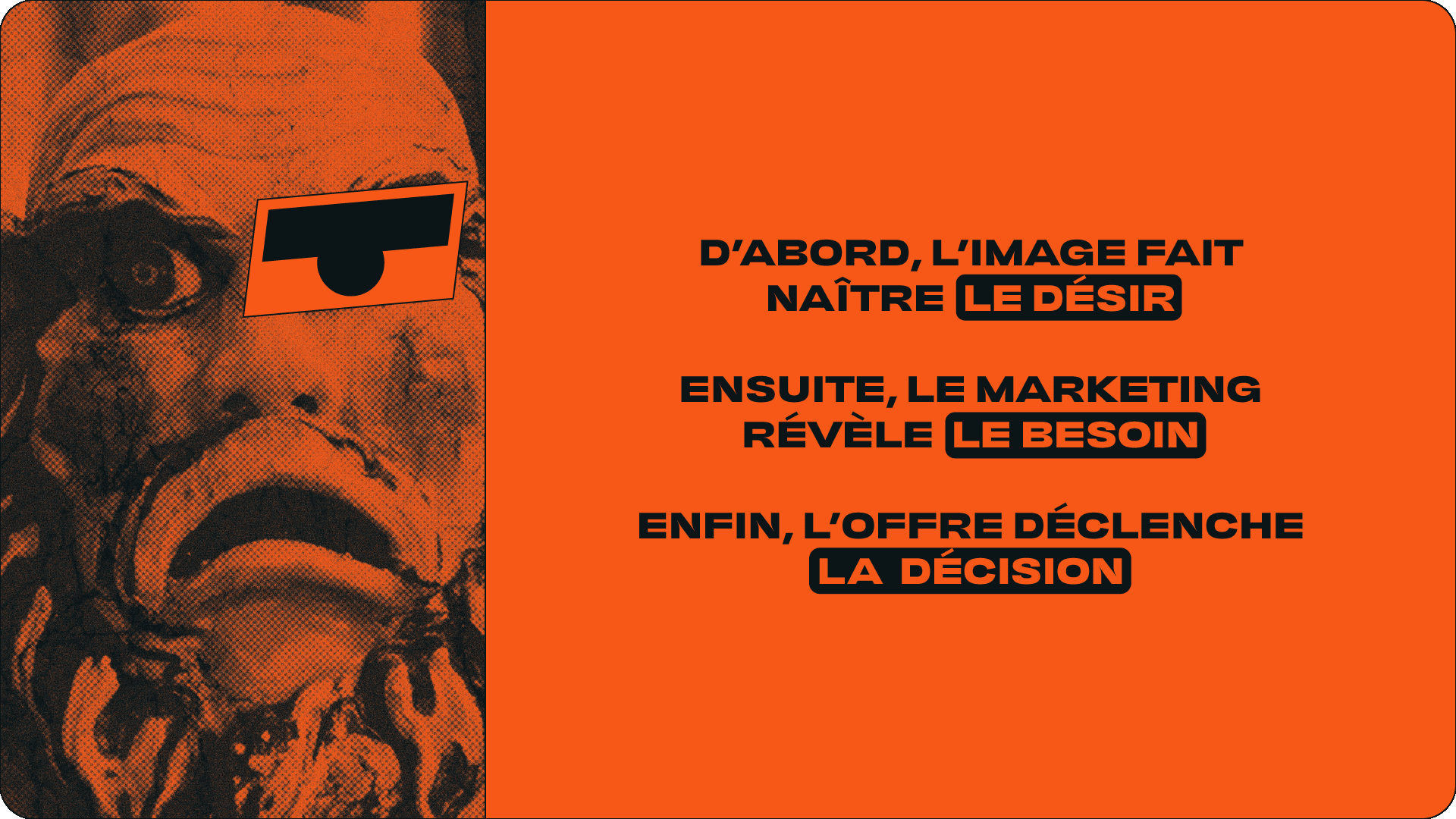 Image divisée en deux parties : à gauche, une illustration en style pointillé d'un visage d'homme âgé, avec un œil couvert par une illustration en noir et orange d'un objet ressemblant à une caméra ou un appareil photo stylisé. À droite, un fond orange avec un texte en français en gras : "D'abord, l'image fait naître le désir, Ensuite, le marketing révèle le besoin, Enfin, l'offre déclenche la décision."