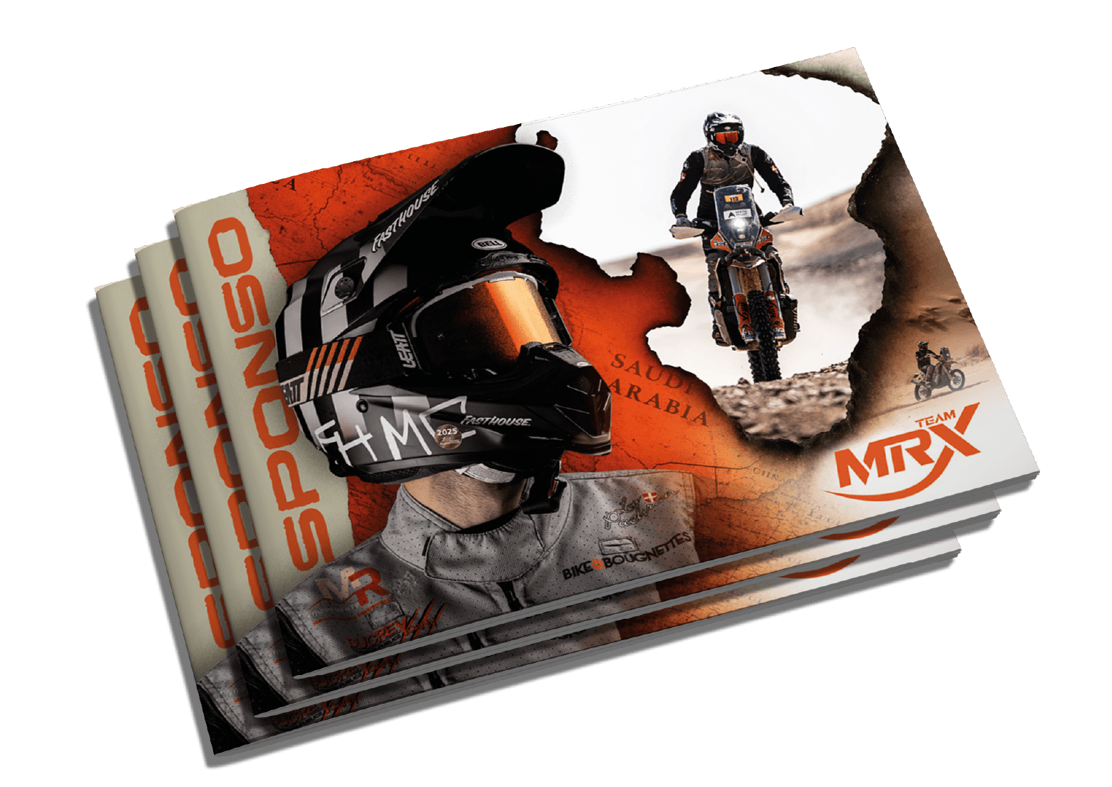 Couvres de brochures de moto tout-terrain pour l'équipe MRX, avec un casque, un pilote dans un désert, et une carte de la Arabie Saoudite en arrière-plan.