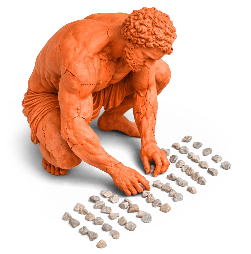 Statue orange agenouillée alignant des pierres pour illustrer l’étape d’organisation dans la méthode CORP de refonte d’identité visuelle stratégique.