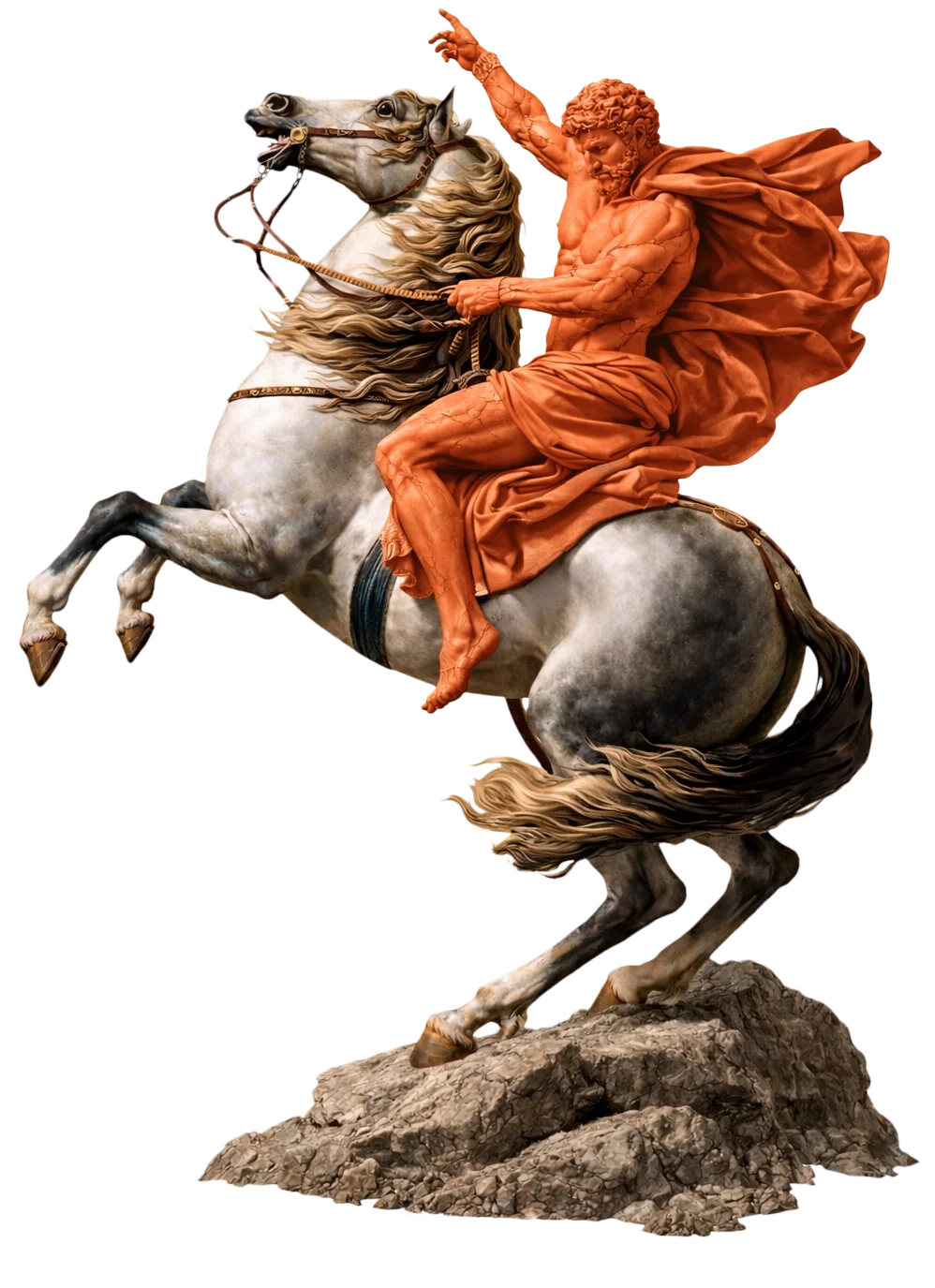 Statue orange sur un cheval cabré pour illustrer la reprise de position d’une entreprise dans l’esprit de ses clients.