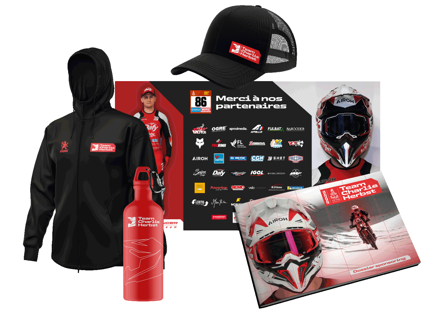 Matériel promotionnel pour l'équipe moto de Charlie Herbst, comprenant une casquette noire avec un logo rouge, un bonnet noir, une bouteille rouge avec logo, une veste noire avec logo, un casque de moto avec un design rouge, noir et blanc, un livre ou brochure avec photo de Charlie Herbst en action, et un panneau avec la liste des partenaires de l'équipe.