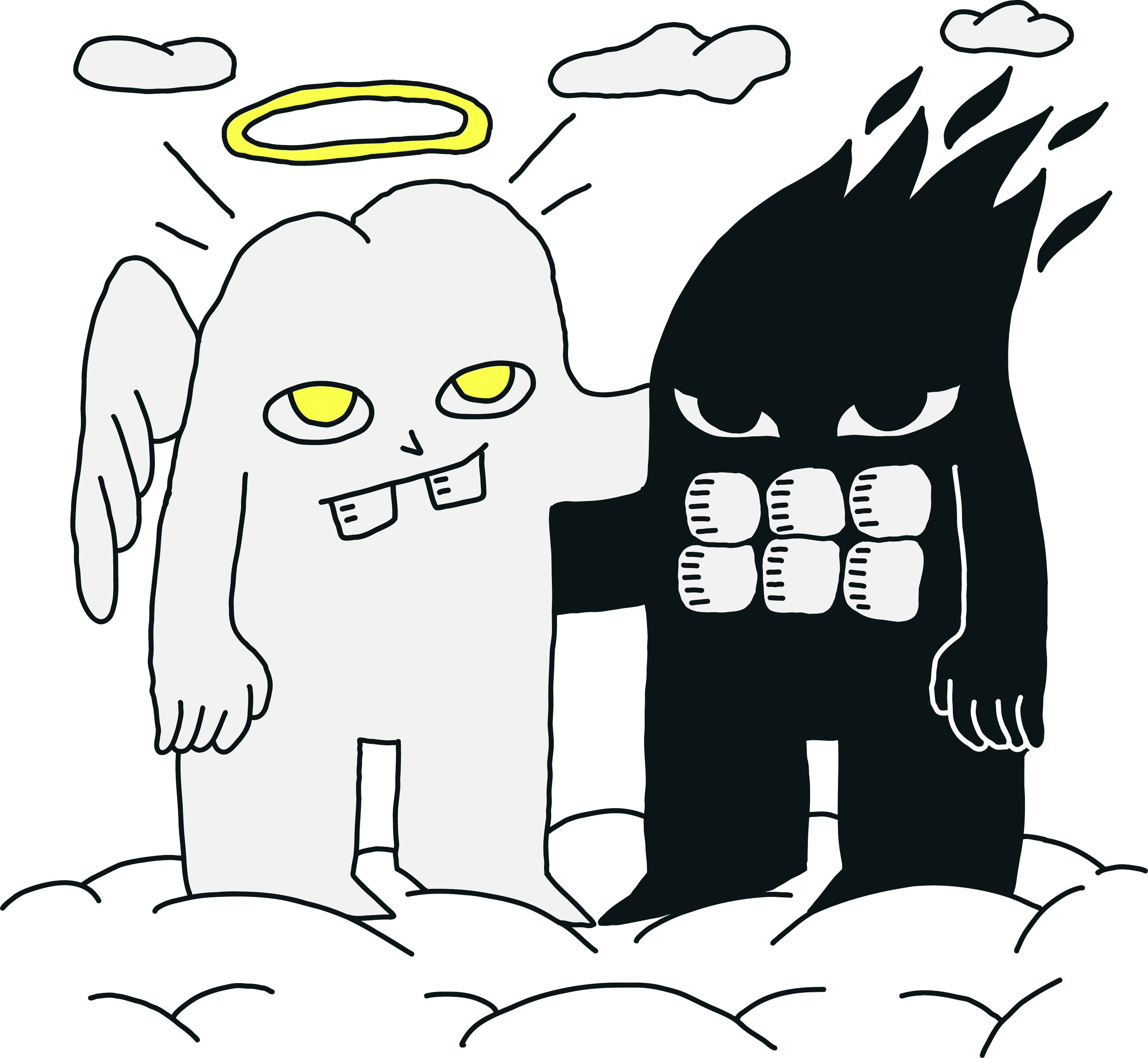 Deux créatures fantastiques, une blanche avec une auréole, des ailes et un sourire, et une noire avec des tatouages faciaux, une couche de muscles visibles et des cheveux pointus, se tenant ensemble sur un fond sombre avec des nuages. Les deux personnages ont l'air amical.