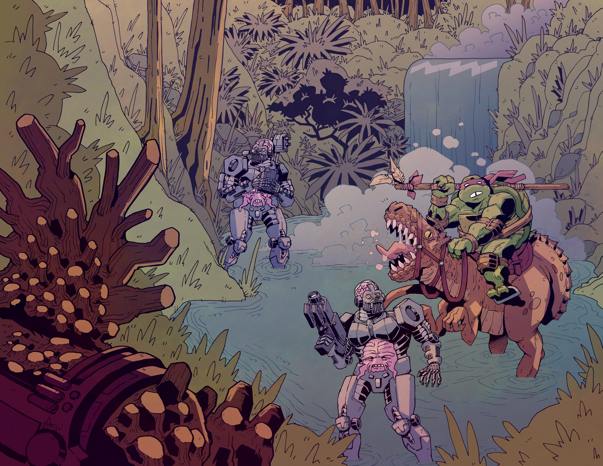 Comic cover for TMNT Journeys #13: armored robots confront a masked turtle warrior riding a dinosaur-like creature amid a lush alien forest.