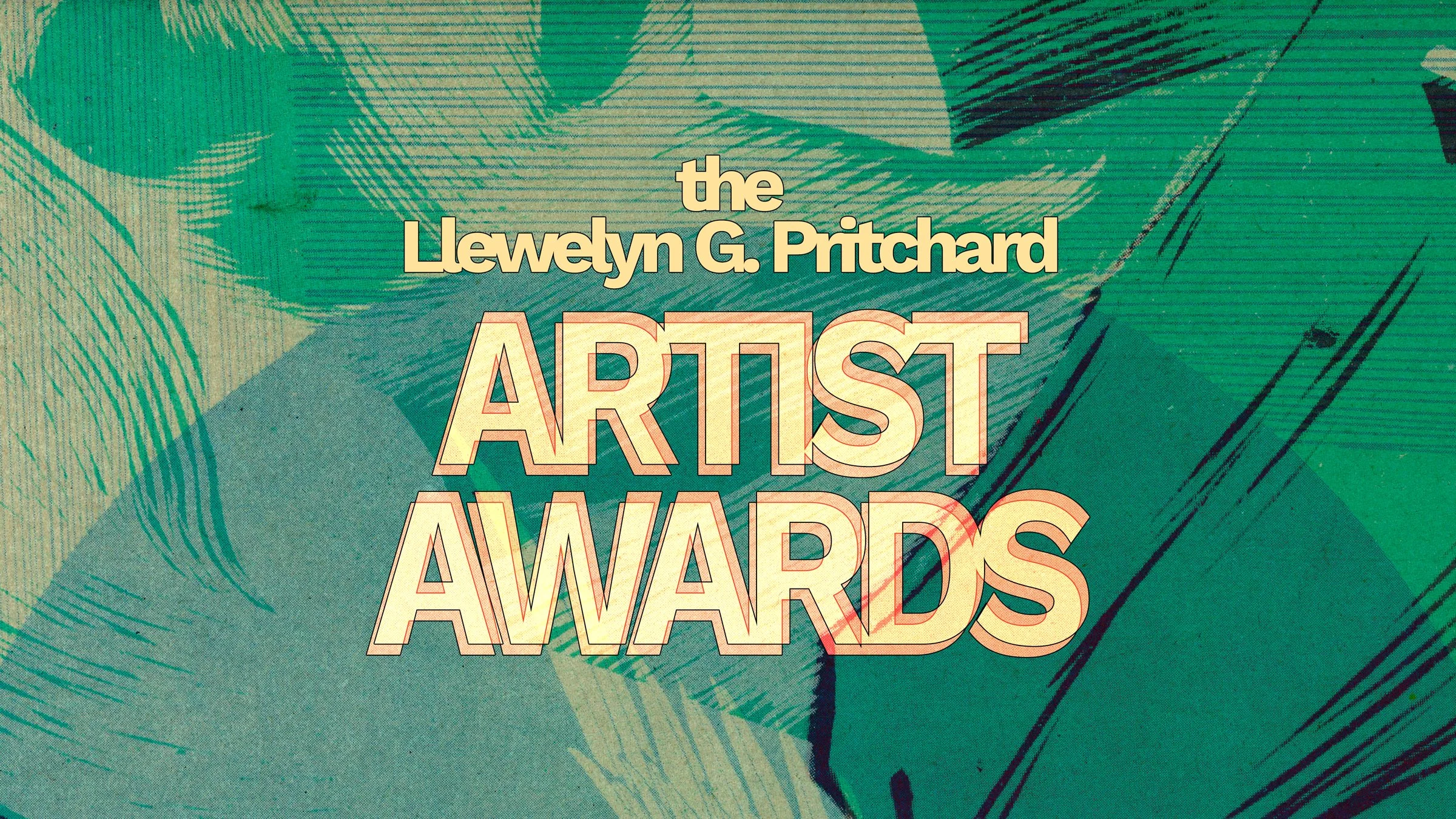 The words "the Llewelyn G. Pritchard Artist Awards" hover in pastel yellow over a sea-green digital collage illustration