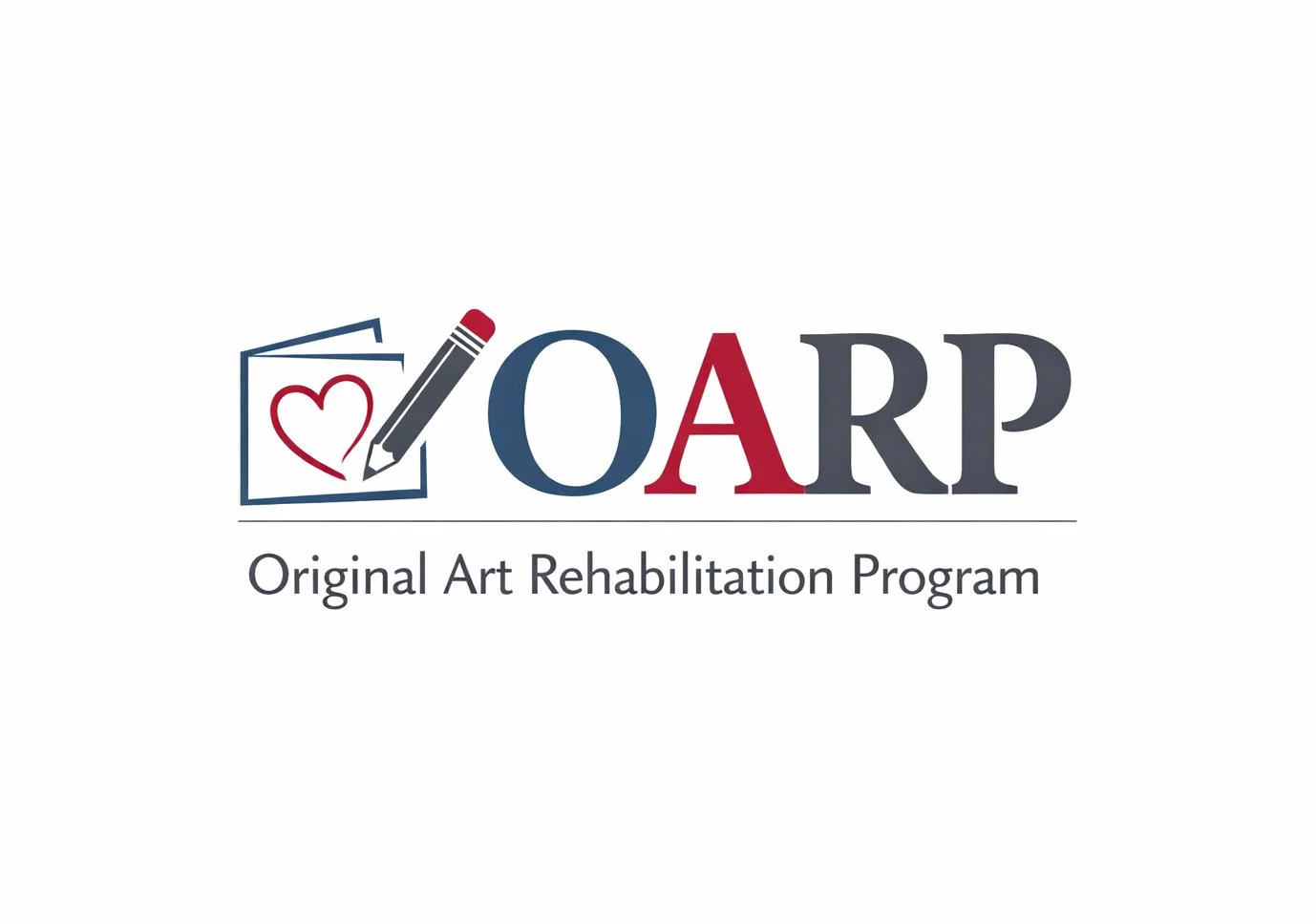 A logo reading OARP in large, capitalized dark blue-grey letters, with a simple graphic of a pencil drawing a red heart on the outline of a greeting card. Beneath a thin grey line, the full name "Original Arts Rehabilitation Program" is spelled out.