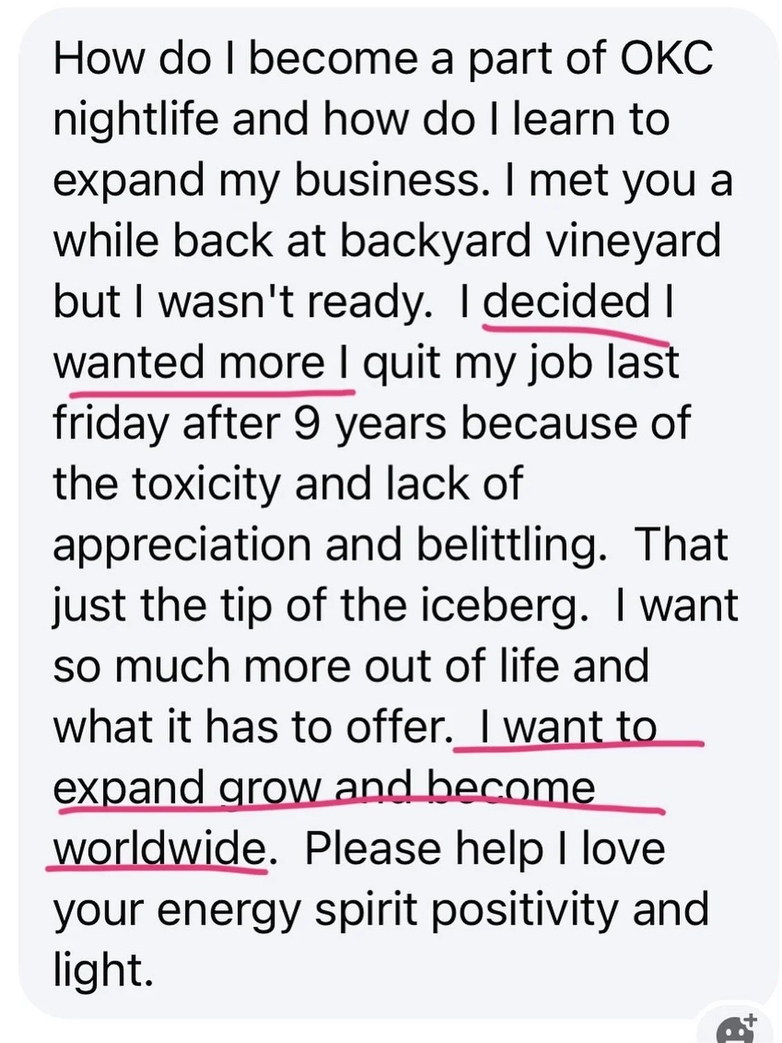 Why I do ALLLLL of this?? It&rsquo;s messages like these. 

People are in my DMs from all over the world because something has sparked in them and they are ready for MORE. 

&ldquo;I want to expand, grow, and become WORLDWIDE&rdquo; 😤🚀🫡🤩

^^^^ Th