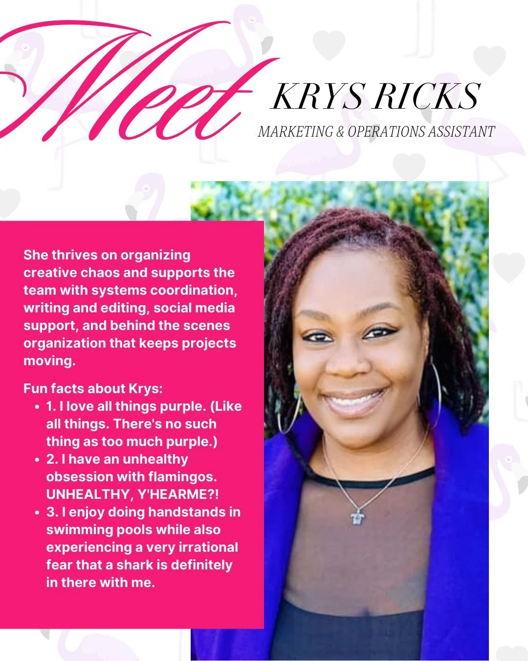 Everyone give Krys some loooooove in the comments!

Krys is known for her sharp eye, strong follow through, and staying calm under pressure. She loves a good system, a clean workflow, and a well thought out checklist and SOP. She&rsquo;s excited to s