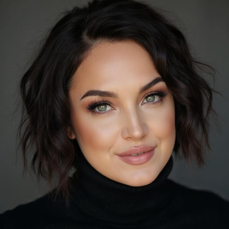 A woman with shoulder-length dark wavy hair, wearing a black turtleneck, smiling softly against a dark background.