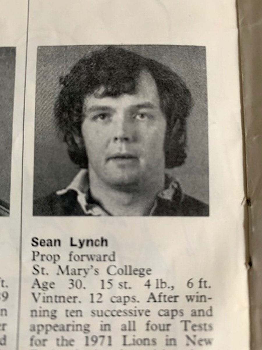Black and white photo of Sean Lynch, a football player, with text indicating he was a prop forward for St. Mary's College, 30 years old, 15 stone 4 pounds, 6 feet tall, and having 12 caps after winning ten successive caps and playing in four Tests fo