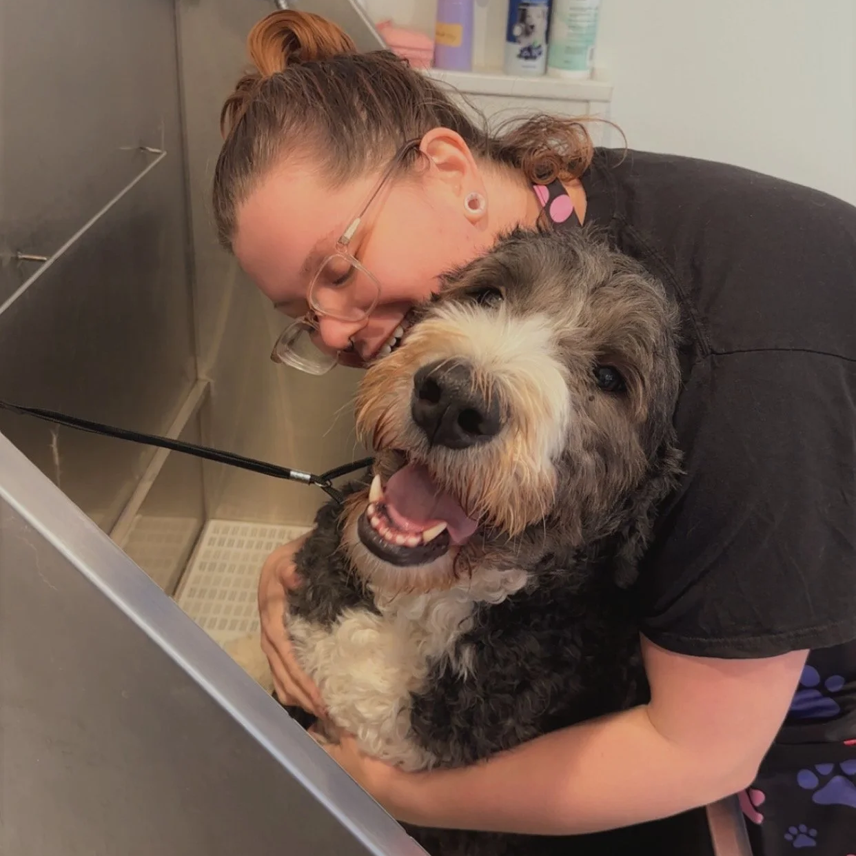 A woman with glasses hugging a happy, fluffy dog in a grooming or bathing station.