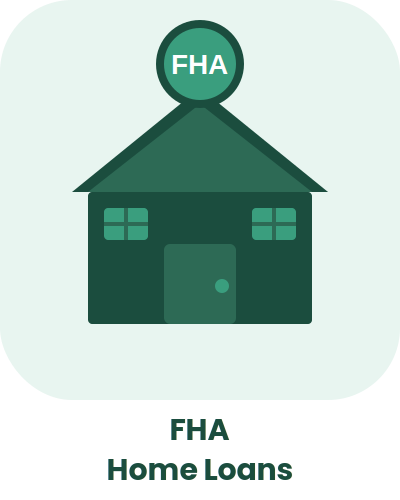 Icon of a house with a circular sign labeled 'FHA' above it, representing FHA home loans.