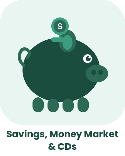 Illustration of a piggy bank with a dollar sign coin on top, representing savings, money, market, and CDs.