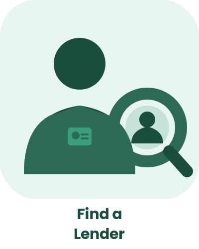 Icon of a person with a badge and a magnifying glass showing a person's profile, with the text "Find a Lender" below.