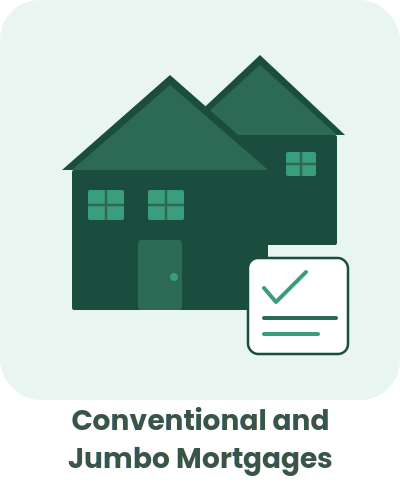 Icon of a two-story house with a checkmark in a speech bubble, representing conventional and jumbo mortgages.