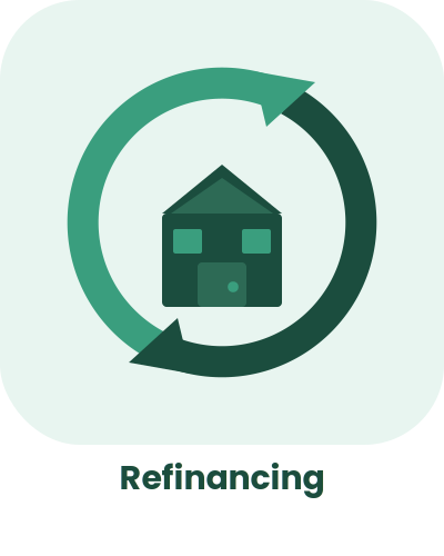 Icon of a house inside a circular arrow, with the word 'Refinancing' below it.
