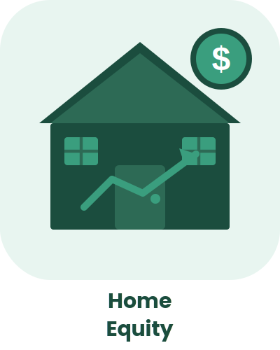 Icon of a house with an upward trending arrow and a dollar sign, representing home equity.