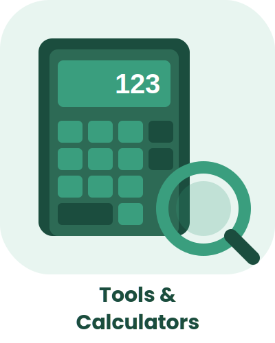 Icon of a calculator with a magnifying glass examining it, labeled "Tools & Calculators".