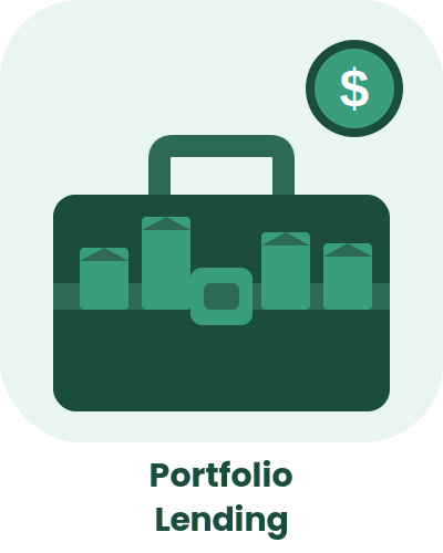 Icon of a briefcase with top bars, a dollar sign circle, and the text 'Portfolio Lending' below.