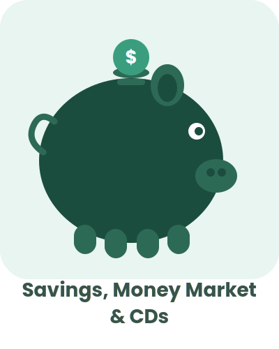 A cartoon piggy bank with a dollar coin on its back and a smaller coin on top, representing savings and money market.