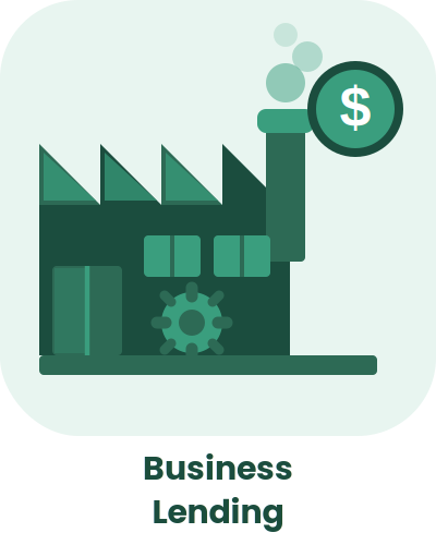 Illustration of a factory with a gear, smoke, and a dollar sign, representing business lending.
